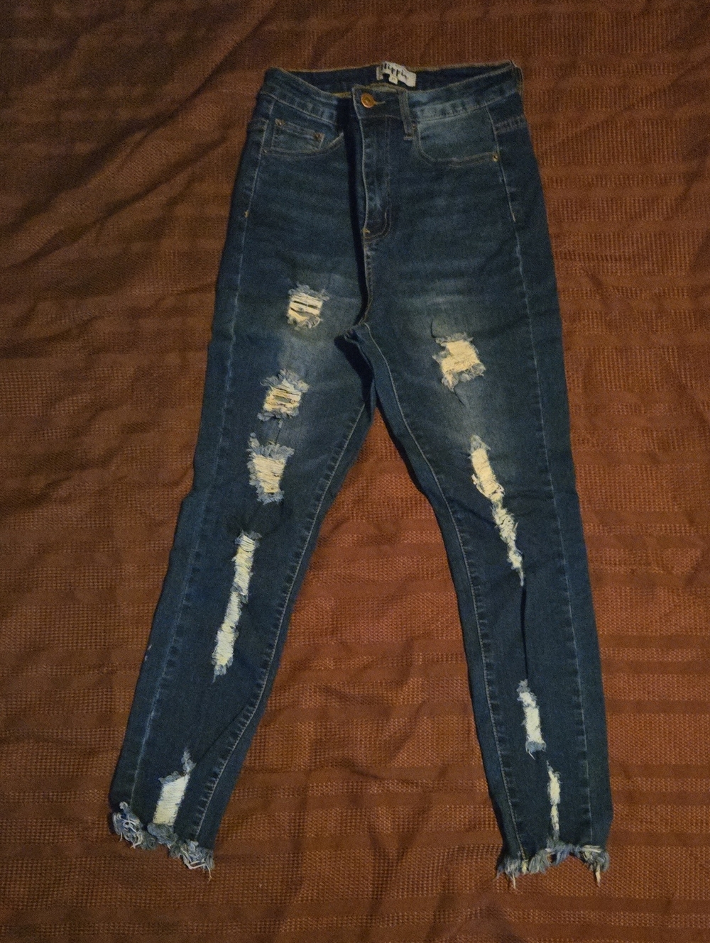 Ripped High-Rise Skinny Jeans in Dark Blue